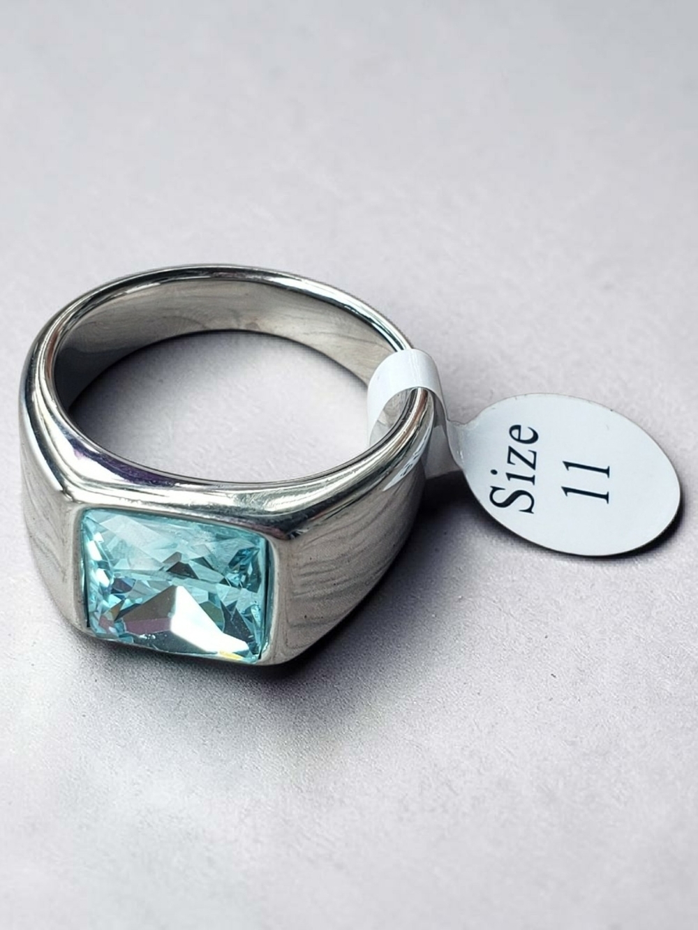 New Stainless Steel Ring With  Light Blue Cubic Zirconia - Size 11